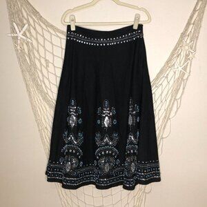 Anthropologie BASIL & MAUDE Black Linen Hand-Beaded Boho Tribal Skirt Size 10